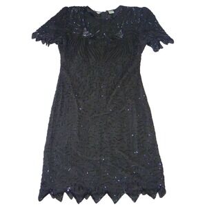 Vintage Stunning BeautiBlack Beaded Sequined Dress Short Sleeve Cocktail Party M